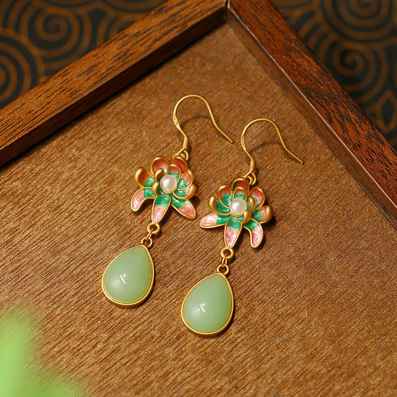 Gold Plated Jewelry - Orecchini a Goccia d'Acqua in Giada